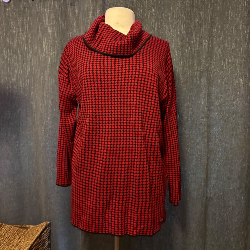 Calvin Klein Red Black Houndstooth Cowl Neck Tunic Sweater (Women's‎ Large) - Picture 2 of 7